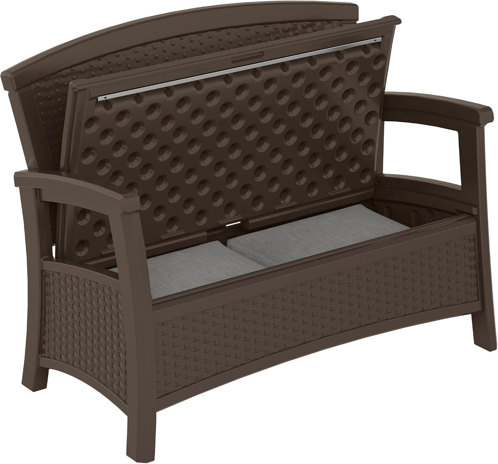 Suncast Outdoor Wicker Love Seat with 23-Gallon Storage, Comfortable Seating for Two, Ergonomic Back Support, All-Weather Furniture for Patio, Deck, and Garden, Java, Made in The USA