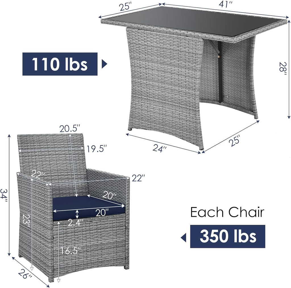 HAPPYGRILL 3 Piece Patio Furniture Set, Outdoor PE Rattan Wicker Bistro Set with Washable Cushions & Tempered Glass Table, for Backyard Porch Garden Balcony Poolside