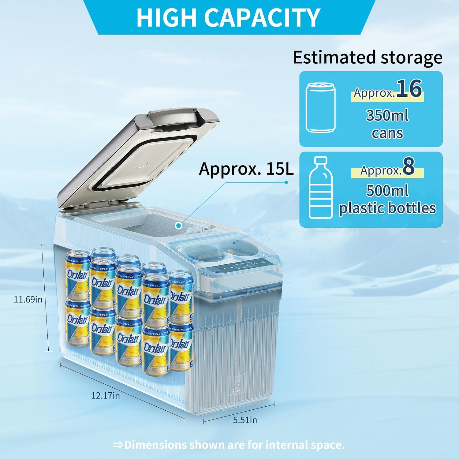 12 Volt Center Console Fridge,Car Refrigerator 16QT(15L) Cooler (-4℉-50℉),Car Refrigerator RV Fridge,Portable Electric Cooler with 12/24V DC&110V AC, For MPV,RV,Van