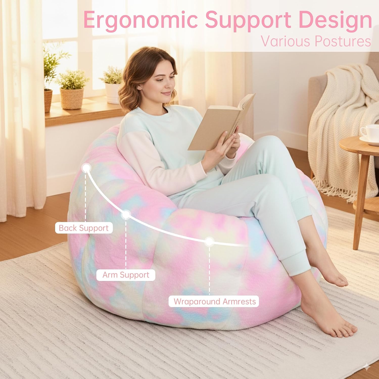 Cvortll Bean Bag Chair, Floral Shaped Beanbag, Faux Fur Adult Teen Kids Comfy Chair with Petal Armrest Chair, Bean Bag Couch for Bedroom, Living Room, Dorm, Game (Colorful)