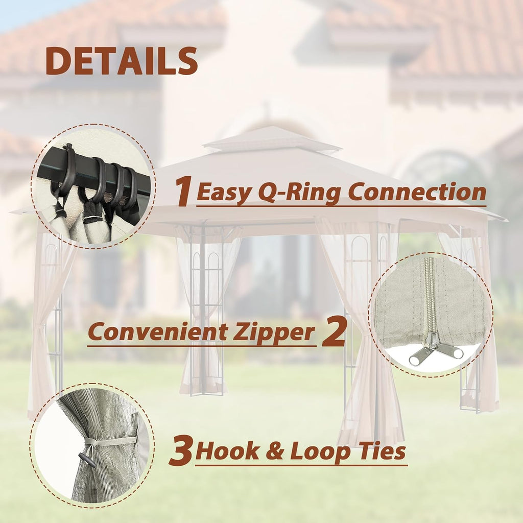 EAGLE PEAK Patio Gazebo with Mesh Netting 13x11 at Top 12x10 Footprint, Soft Top Outdoor Pavilion for Backyard, Deck, Lawn and Garden, Beige