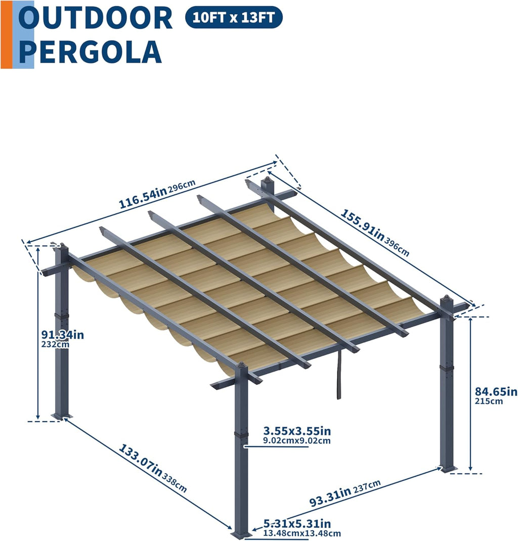 GAOMON 10x13 Ft Outdoor Pergola, Heavy-Duty Aluminum Patio Pergolas and Gazebos Clearance with Retractable Canopy Sun Shade, UV-Resistant Metal Pergola for Existing Deck, Backyard Garden Porch, Khaki