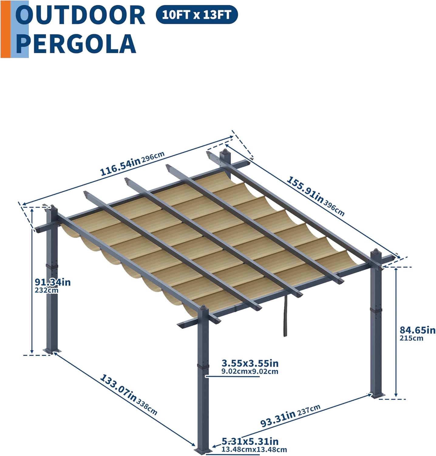 GAOMON 10x13 Ft Outdoor Pergola, Heavy-Duty Aluminum Patio Pergolas and Gazebos Clearance with Retractable Canopy Sun Shade, UV-Resistant Metal Pergola for Existing Deck, Backyard Garden Porch, Khaki
