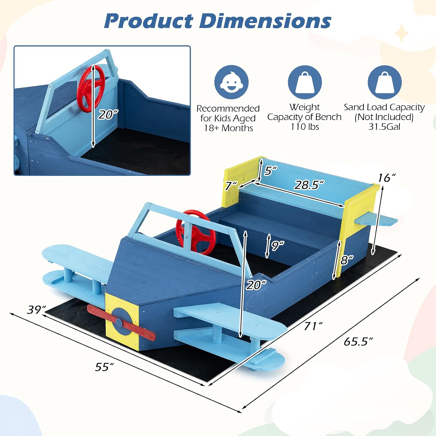 Costzon Sandbox, Fir Wood Glider-Shaped Sand Pit with Bottom Liner, Bench Seat, Propeller, Rotatable Rudder & Side Wings for Kids Boys Girls, Outdoor Playset for Backyard, Beach and Patio