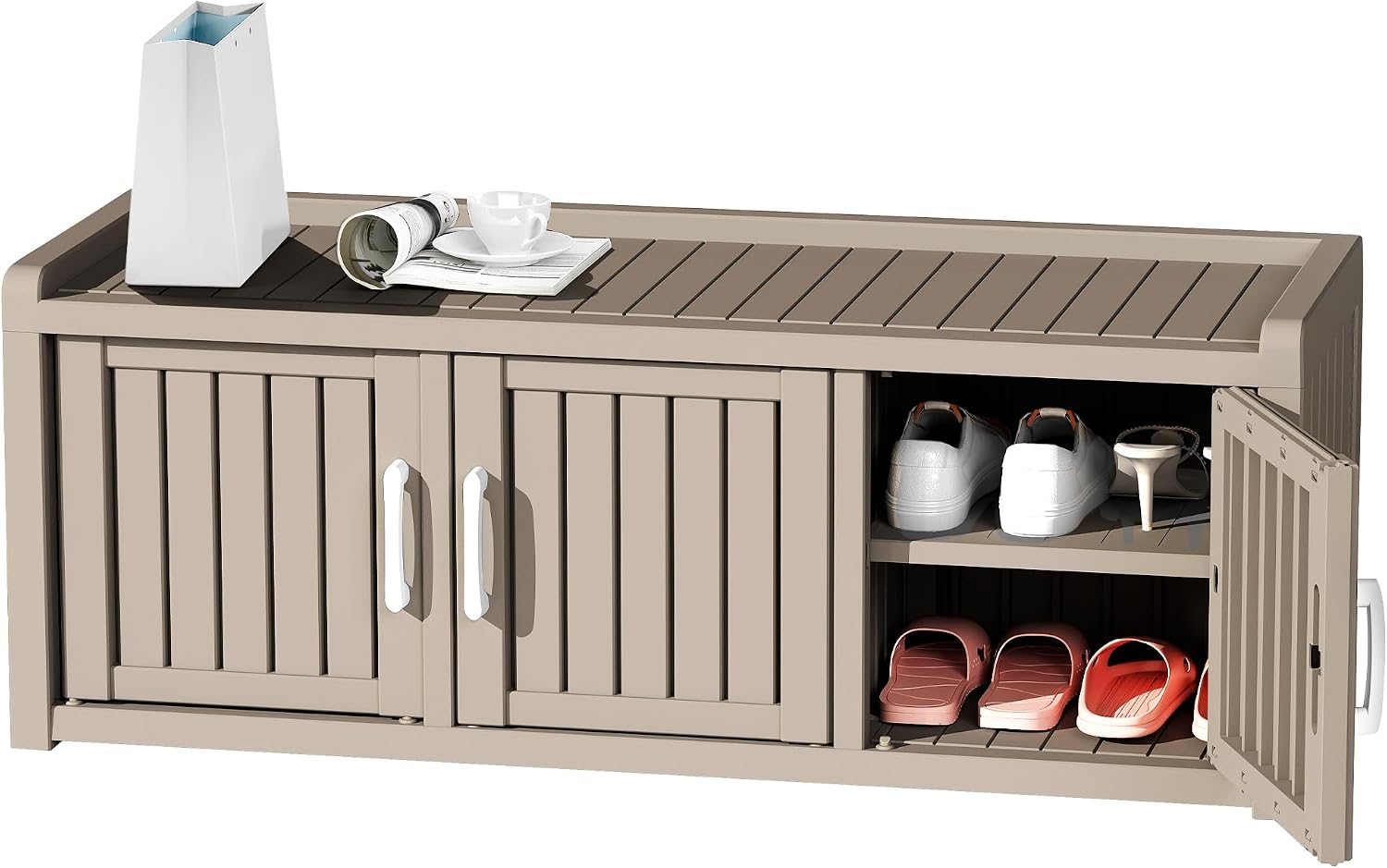 Rovibek Indoor Outdoor Shoe Storage Cabinet for Entryway - Outdoor Shoe Storage Bench Weatherproof with 3 Barn Doors, Waterproof Cabinet for Outside, Porch, Patio, Foyer, Hallway, Grey