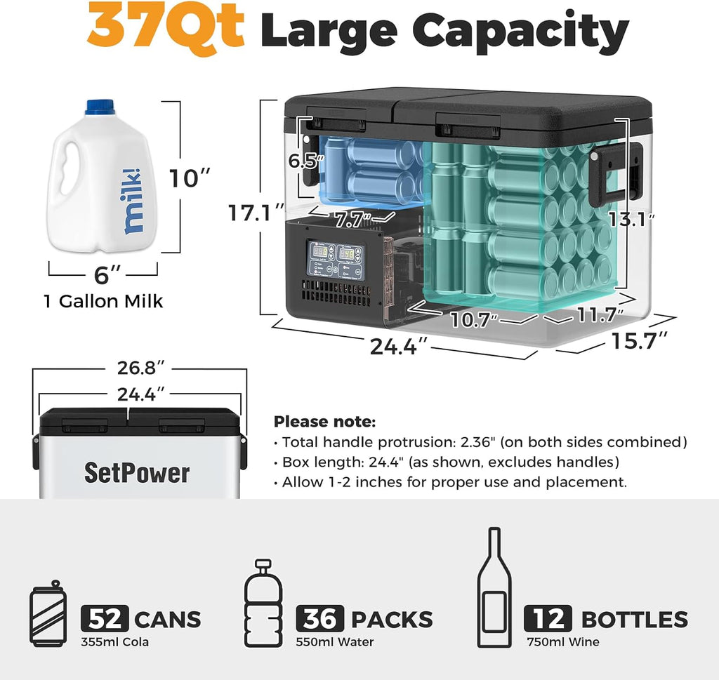 Setpower PT35 Car Refrigerator with AC Adapter,35L Dual Zone Portable Freezer,12 Volt Refrigerator Electric Cooler for Car camping, RV,Truck,Vehicles,Travel and Home Use,12/24V DC & 110/240V AC,0℉-50℉