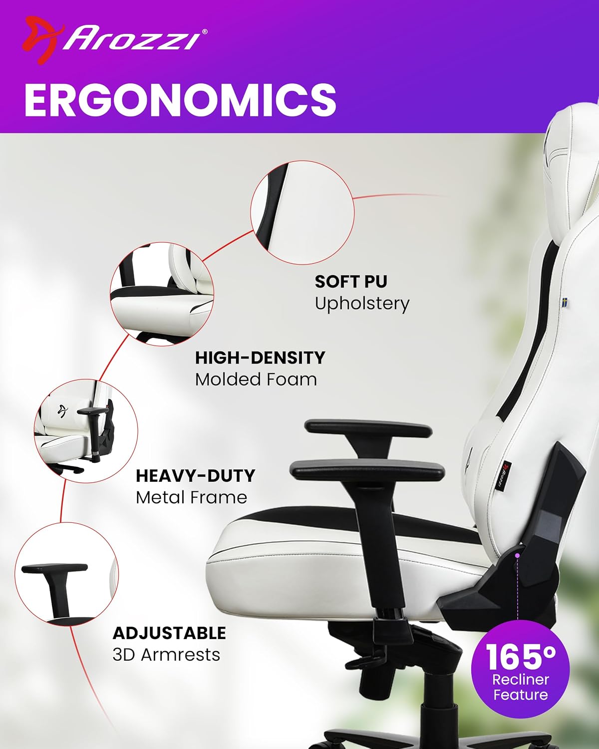 Arozzi Vernazza Gaming Chair - Soft PU Ergonomic Gaming Chairs for Adults Adjustable Height, Large Spacious Seat & Backrest with Support Pillows - Swedish Design Home Office Computer Chairs, White