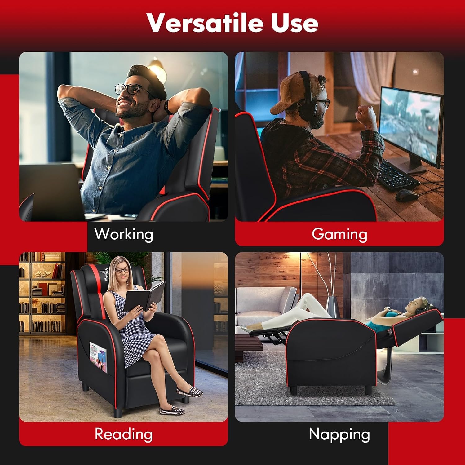 GYMAX Gaming Recliner, Massage Gaming Chair with Adjustable Footrest, Remote Control & Side Pocket, Ergonomic Game Lounge Chair, Racing Style Single Theater Seat Game Sofa for Adults (Red)