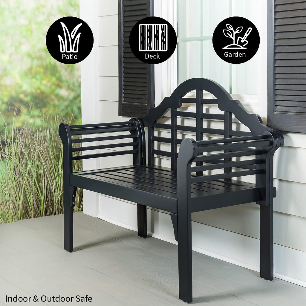 Plow & Hearth Weatherproof Lutyens Eucalyptus Wood Garden Bench | Foldable Patio Bench | Outdoor Furniture Seating for Porch Park Deck | Black