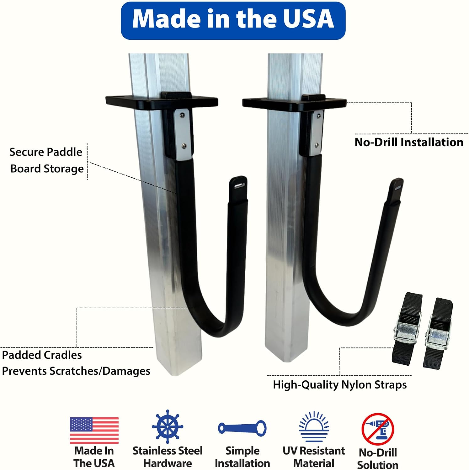 Stand Up Paddle Board Dock Storage - Keep Your Dock Organized & Clean - No Drill Easy Install - UV-Resistant - Heavy Duty SUP Rack - Made in USA