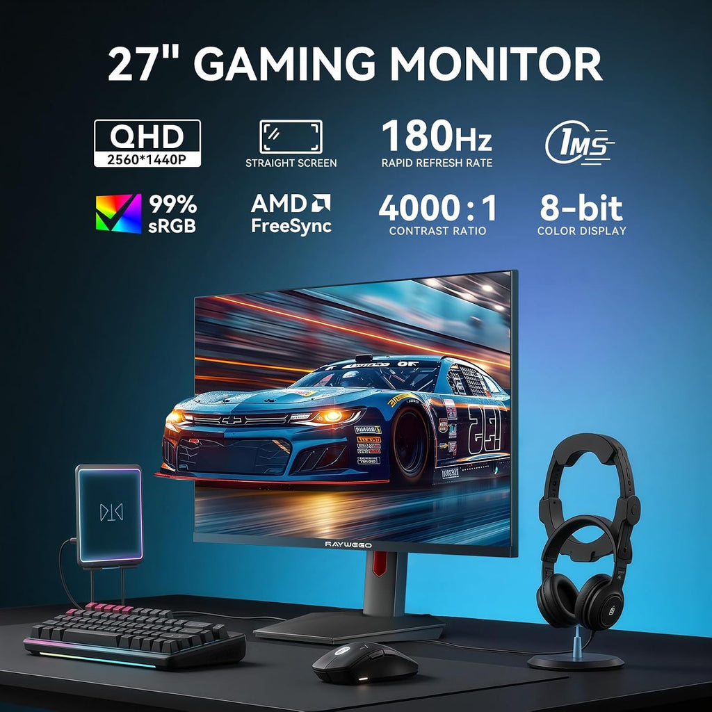 Raywego 27 inch 2K Gaming Monitor 180Hz, QHD 2560x1440 Computer Monitor, AMD FreeSync, HDMI 2.0 x2, DisplayPort, 99% sRGB for Gamers