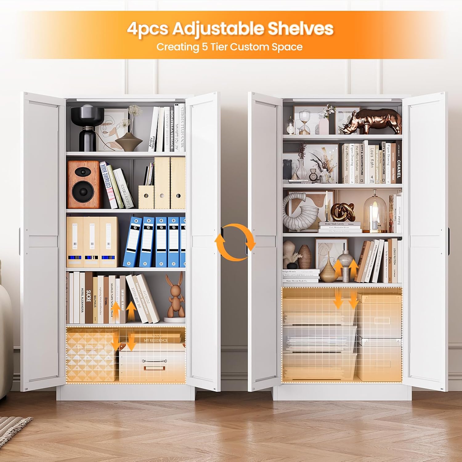 Metal White Storage Cabinet with 2 Doors and 4 Adjustable Shelve, 61' Tall Kitchen Pantry cabinets, Farmhouse Food Pantry Cabinet,5 Tier Freestanding Barn Door Cupboard for Kitchen Dining/Living Room