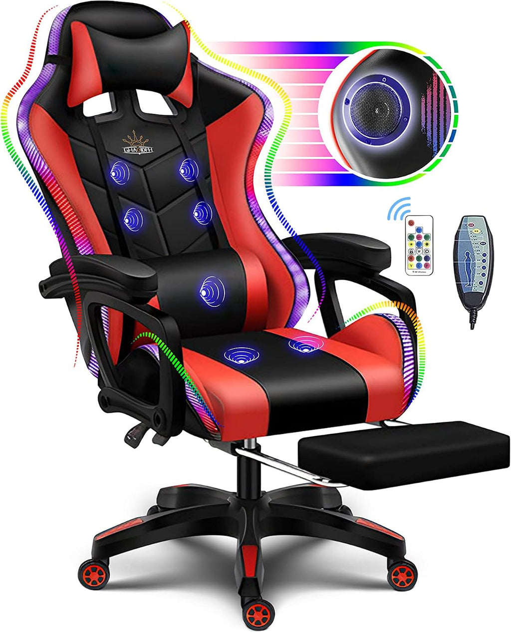 Gaming Chair with Speakers, Bluetooth Gaming Chair with RGB LED Lights and Footrest, Height Adjustable Massage Computer Chair Lumbar Support for Adults,Red