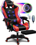 Gaming Chair with Speakers, Bluetooth Gaming Chair with RGB LED Lights and Footrest, Height Adjustable Massage Computer Chair Lumbar Support for Adults,Red