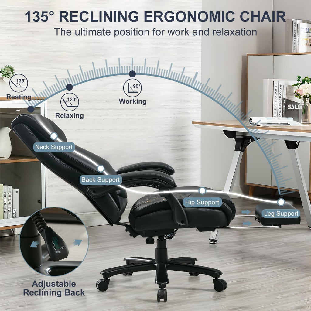 Reclining Office Chair with Retractable Footrest & Adjustable Lumbar Support - 500 lbs Capacity for Big and Tall Users, Leather Executive Desk Chair for Home Office, Work, and Relaxation, Black