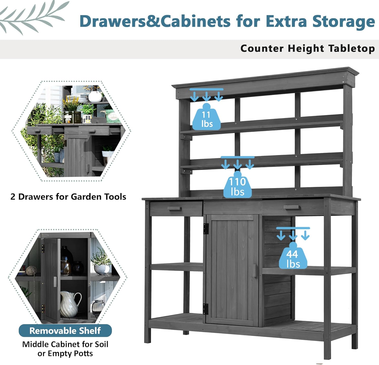 Outdoor Potting Bench Table, Farmhouse Wooden Garden Workstation with 2 Drawers, Cabinet and Open Shelves for Backyard, Mudroom, Grey