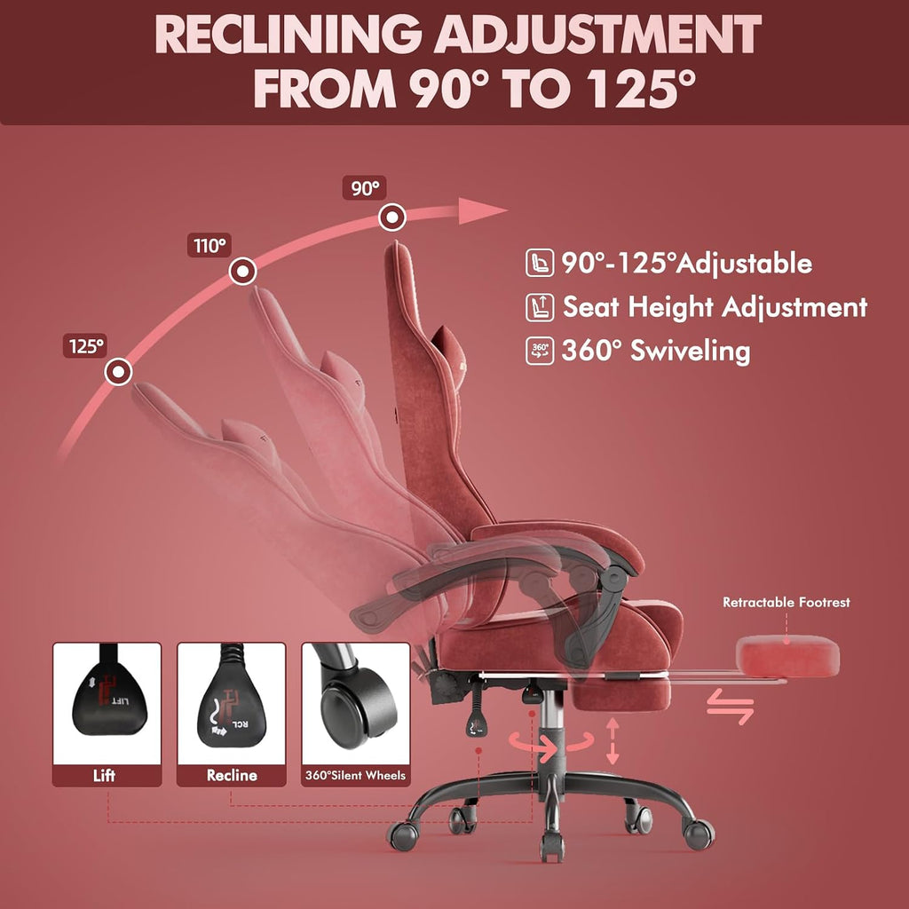 Soontrans Velvet Fabric Gaming Chair for Adult, Ergonomic Comfortable Video Gamer Chair with Footrest, Reclining Office Computer Desk Game Chairs with Massage Lumbar Cushion,Headrest