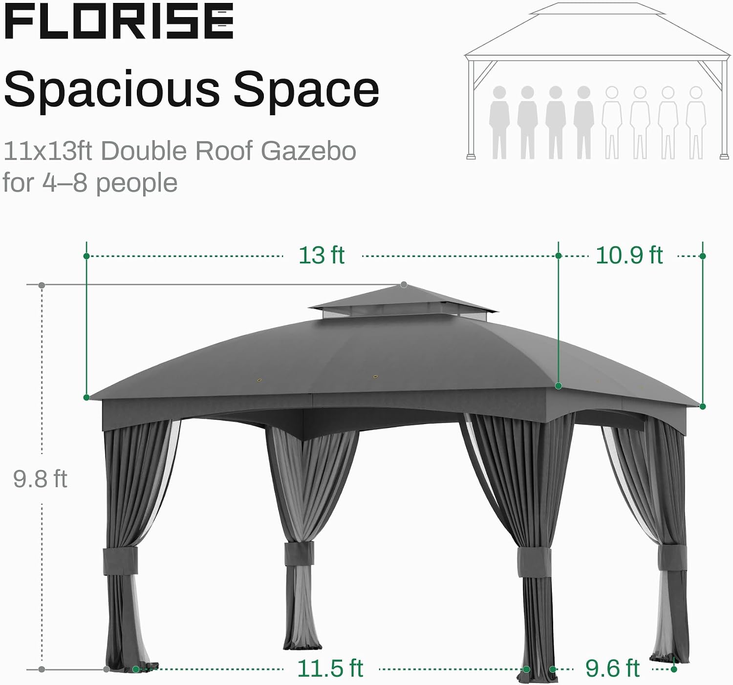 Florise Heavy Duty Gazebo, 11 x 13 Ft Outdoor Patio Pavilion with Galvanized Steel Metal Frame and Double Roof, Curtain and Netting Included, for Outside, Garden, Yard & Lawn