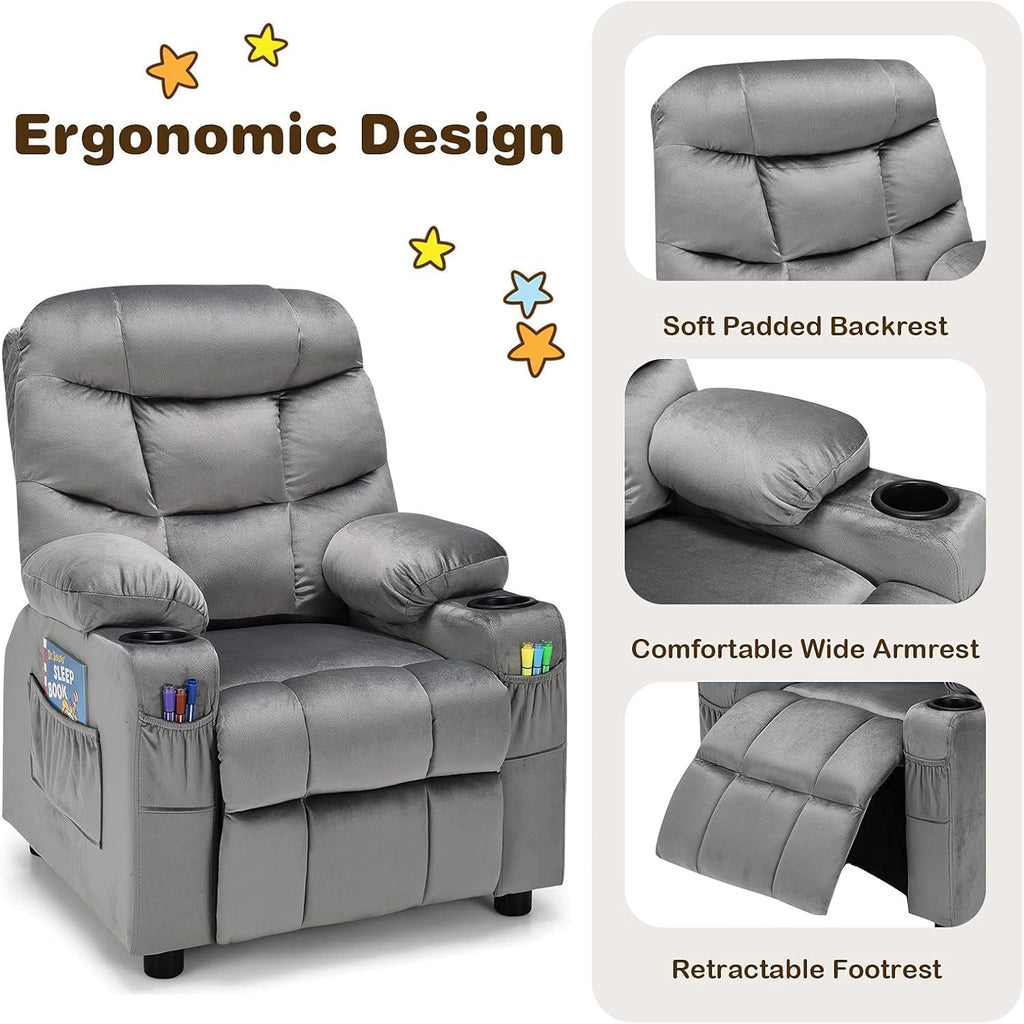 HOMGX Children's Recliner Chair, Velvet Material, Leisure Lounge Chair w/Side Pockets and Footrests, Ergonomically Adjustable Sofa Furniture, Suitable for Living Room (Grey)