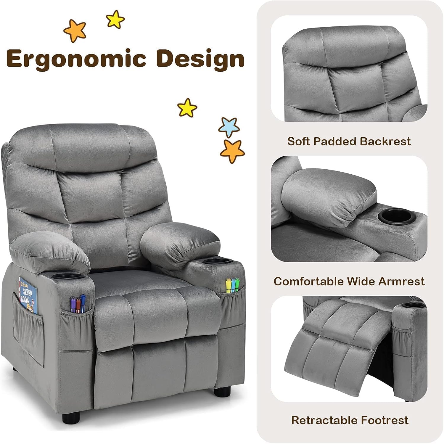 HOMGX Children's Recliner Chair, Velvet Material, Leisure Lounge Chair w/Side Pockets and Footrests, Ergonomically Adjustable Sofa Furniture, Suitable for Living Room (Grey)