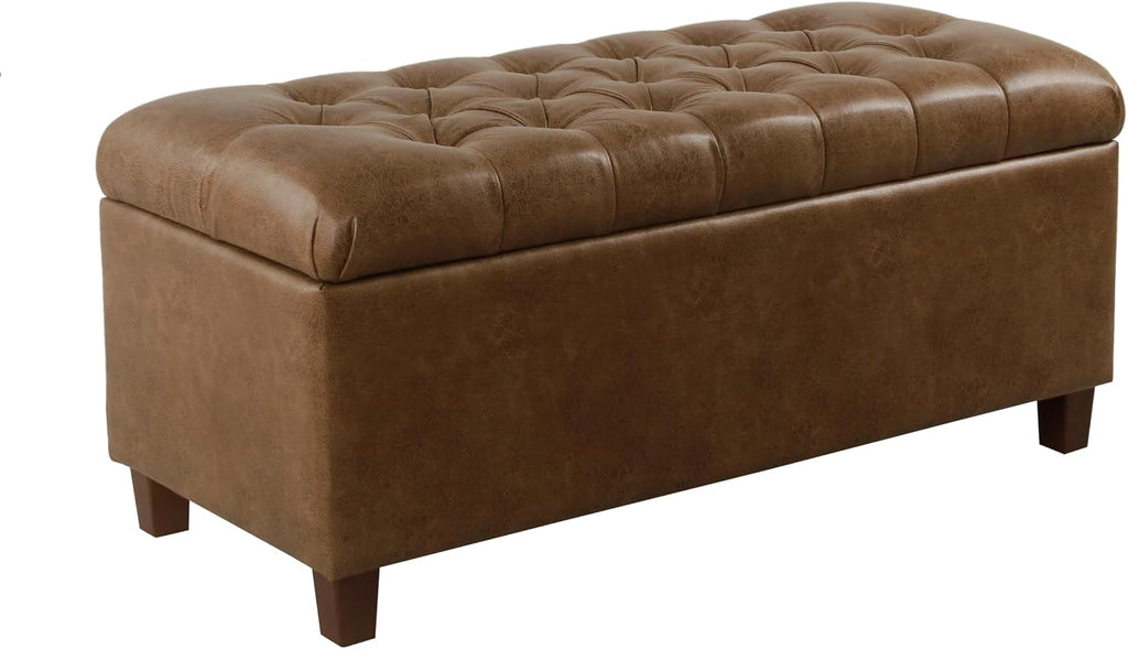 Homepop Home Decor | Button Tufted Storage Bench | Ottoman Bench with Storage for Living Room & Bedroom, Distressed Brown Faux Leather