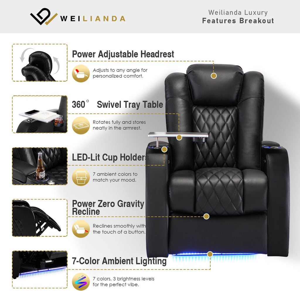 Weilianda Home Theater Seating Top Grain Leather Zero Gravity Recliner Chair Power Headrest Recline Movie Seat Gaming 7 Colors Mood Light Sofa with Tray Table USB Charge Row of 3 Black