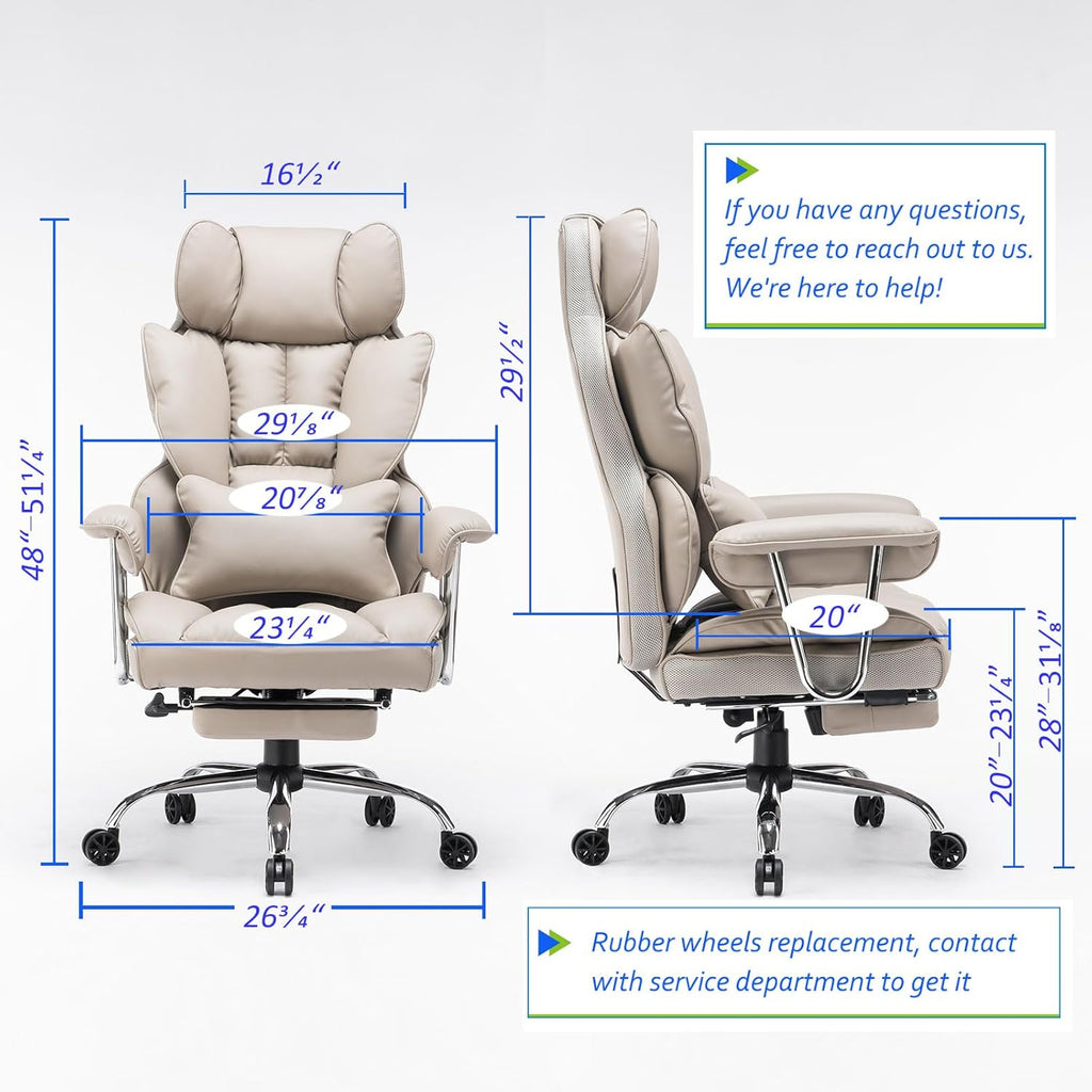 Efomao Big and Tall Office Chair 400lbs – PU Leather Executive Office Chair with Lumbar Support & Leg Rest, Heavy-Duty Computer Chair for Home Office, Grey