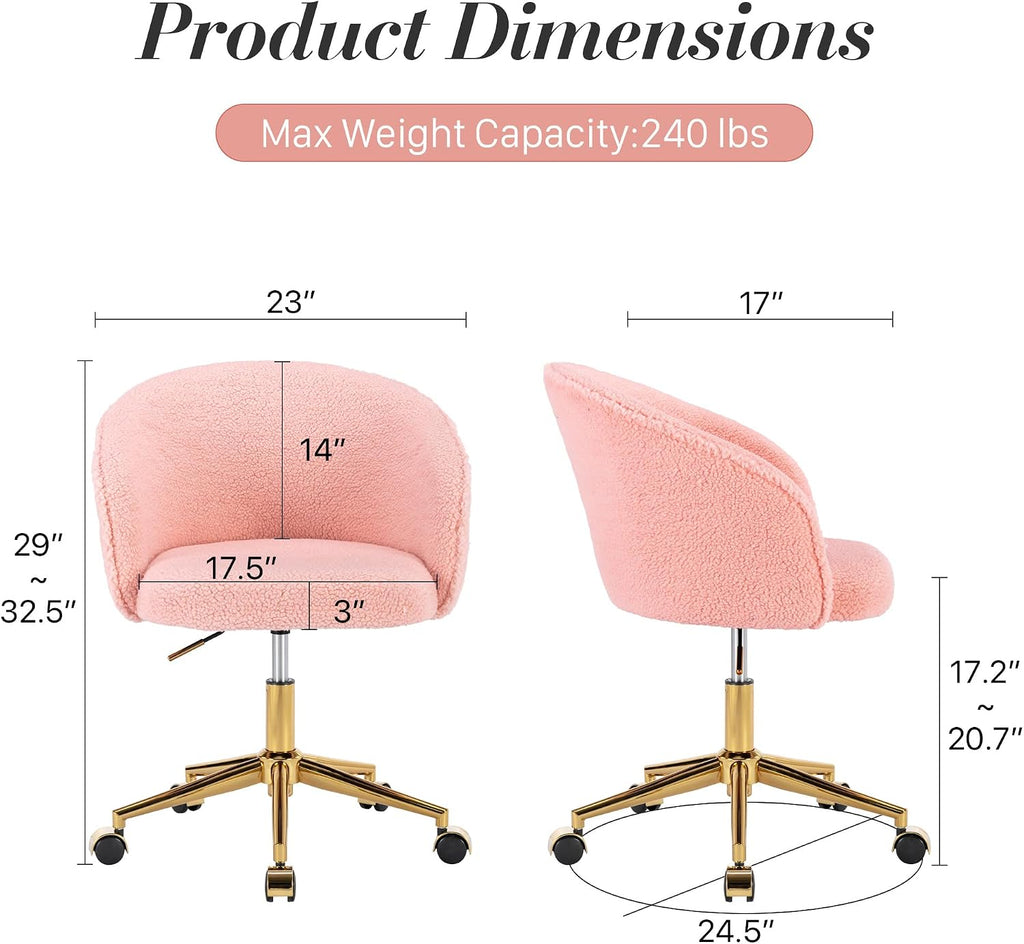 KCC Faux Fur Office Desk Chair, Comfy Fluffy Swivel Modern Leisure Armchair with Wheels, Upholstered Comfy Fuzzy Vanity Makeup Chair Height Adjustable for Teens Women Girls Elegant Home Office(Pink)