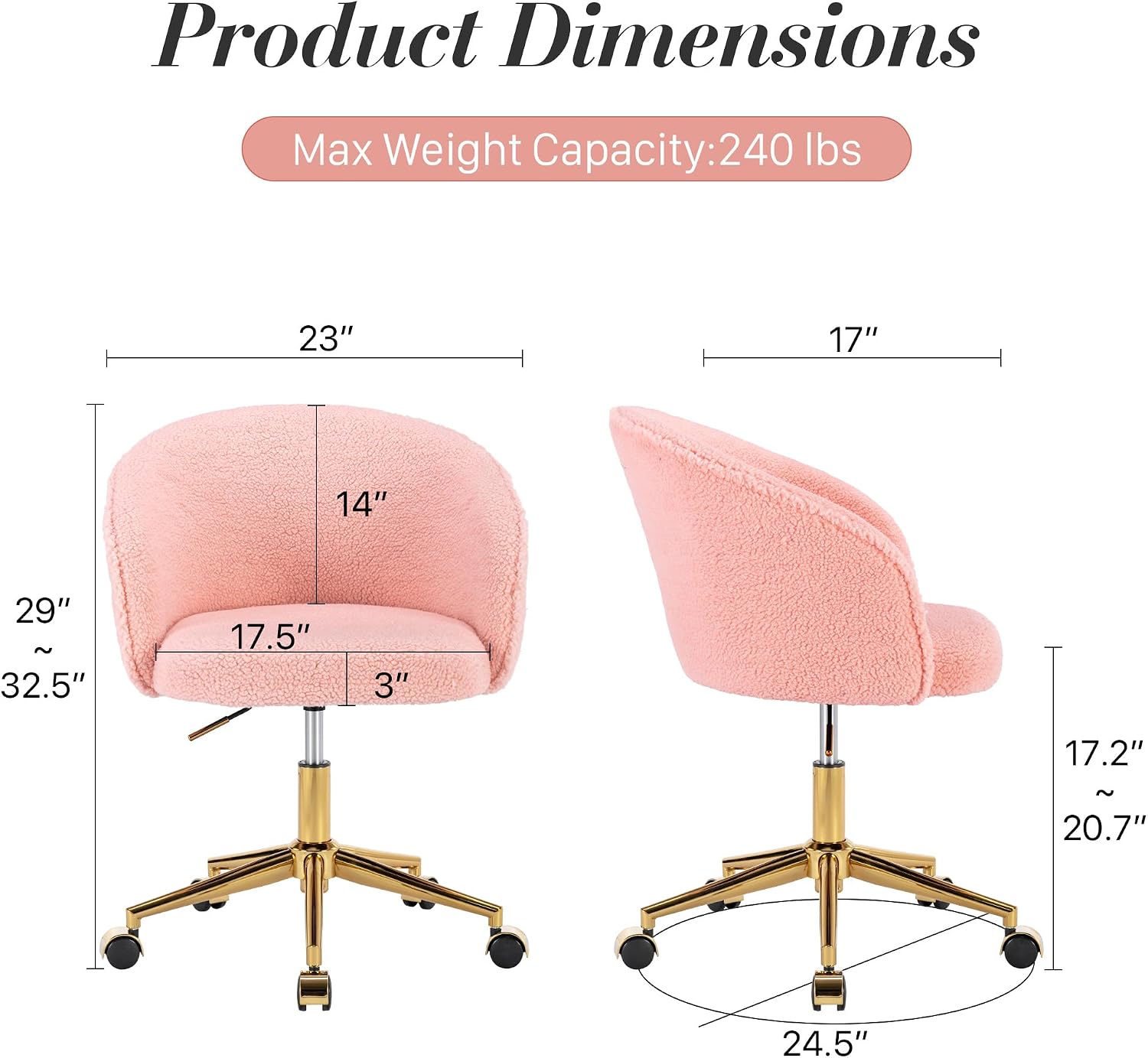 KCC Faux Fur Office Desk Chair, Comfy Fluffy Swivel Modern Leisure Armchair with Wheels, Upholstered Comfy Fuzzy Vanity Makeup Chair Height Adjustable for Teens Women Girls Elegant Home Office(Pink)