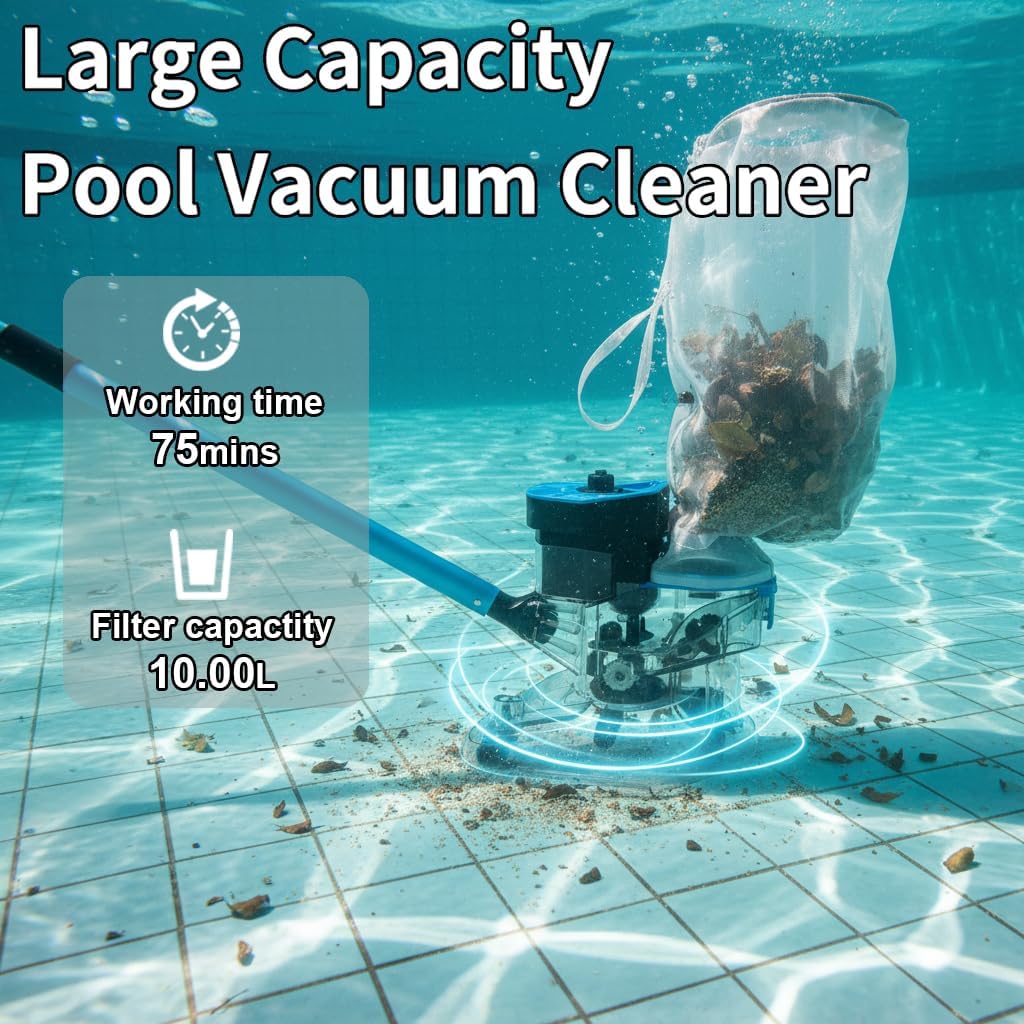 55 High-Power Cordless Pool Vacuum Cleaner for Inground & Above Ground Pools | MAX 75-Min Runtime, XL 24 GPM Suction for Heavy Debris | Includes 2 Extra Large (10L) Filter Bags