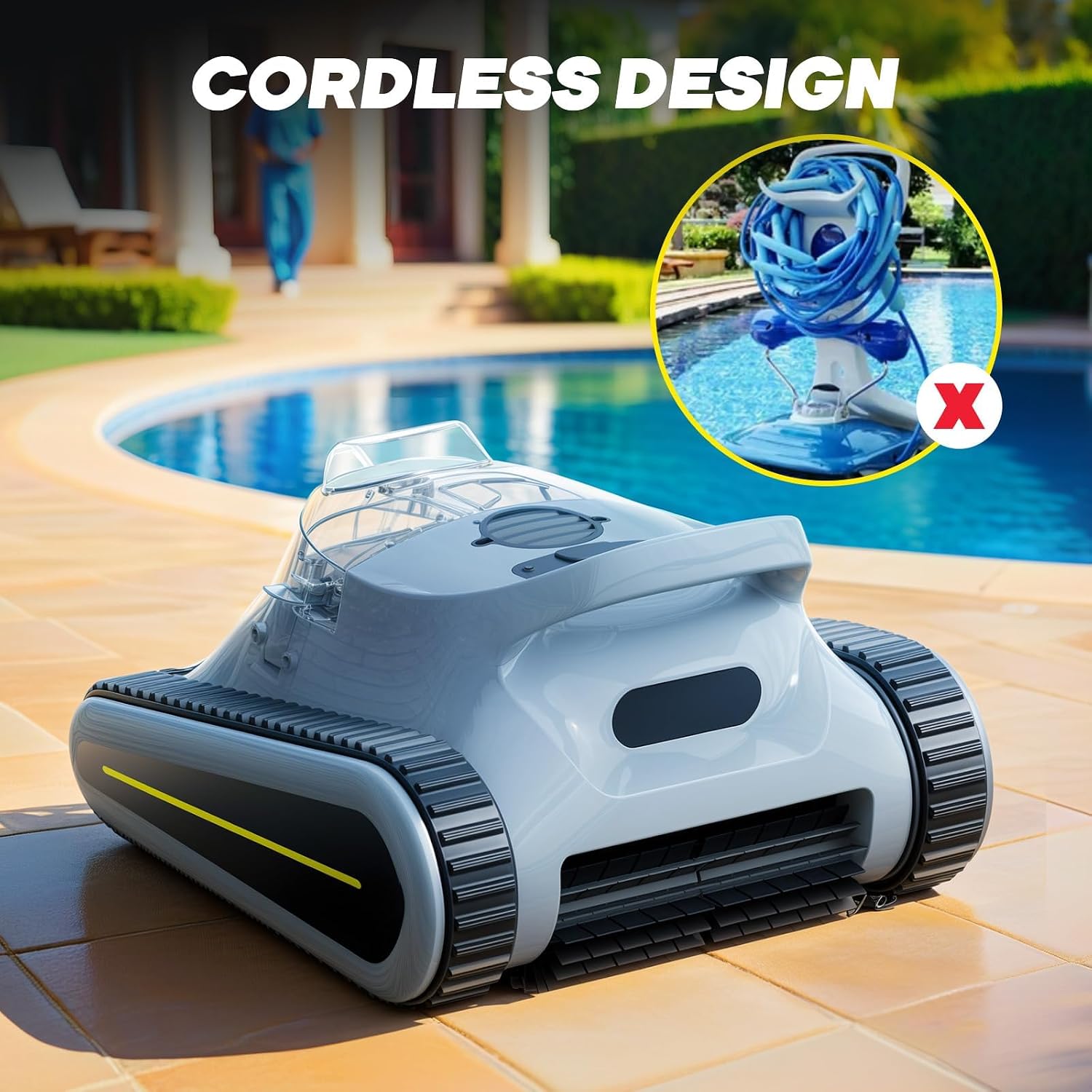 Cordless Robotic Pool Cleaner, Pool Vacuum 180W Brushless Motor, 45000Pa Suction, Wall & Waterline Climbing, Auto Path Mapping, for Inground & Above-Ground Pools up to 2150 Sq. Ft. (Gray)