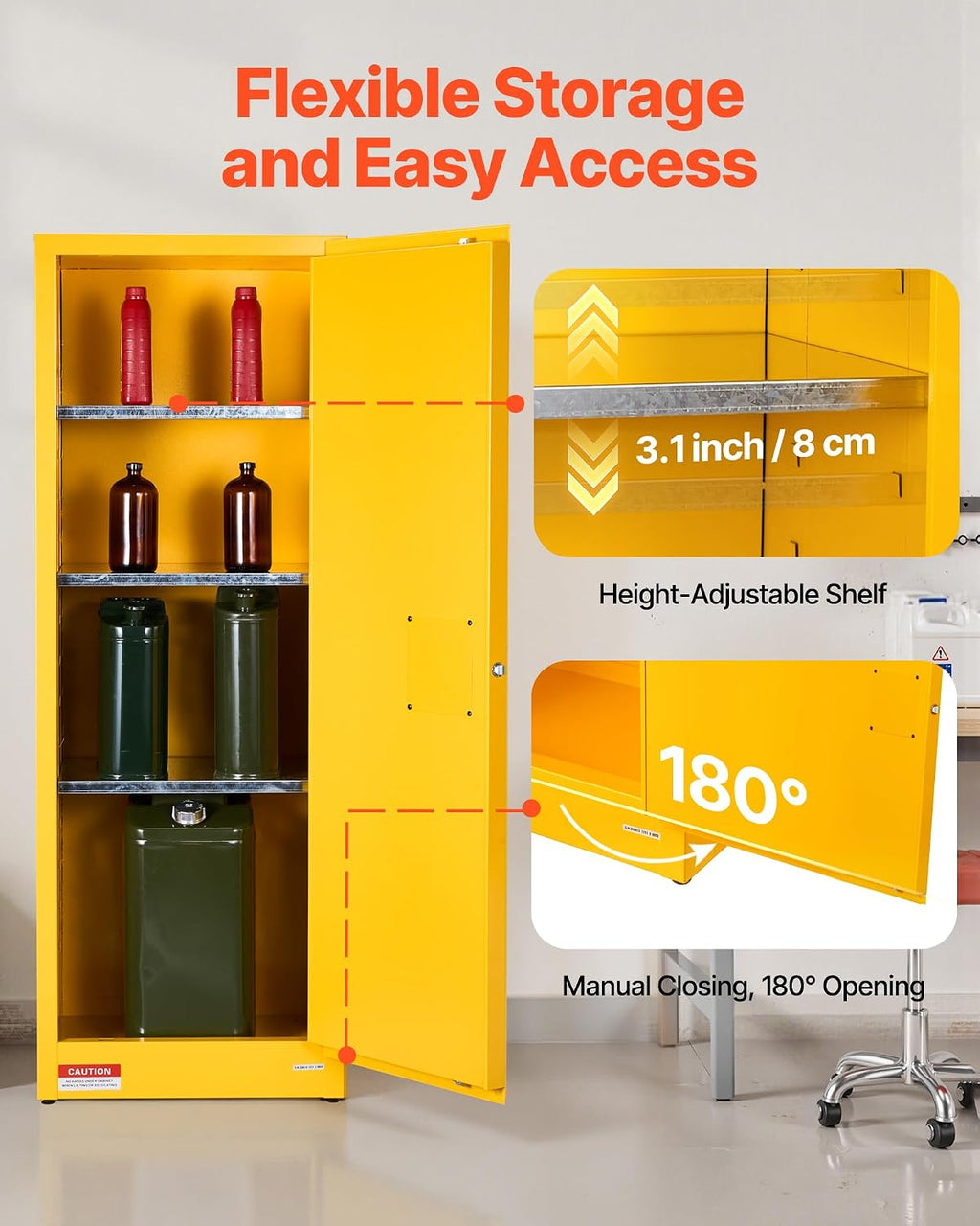 VEVOR Flammable Cabinet 18' x 23' x 65', 23 Gallon Flammable Storage Cabinet with Adjustable Shelf, Cold-Rolled and Galvanized Steel Fire Cabinets, for Commercial Industrial Home Use, Yellow
