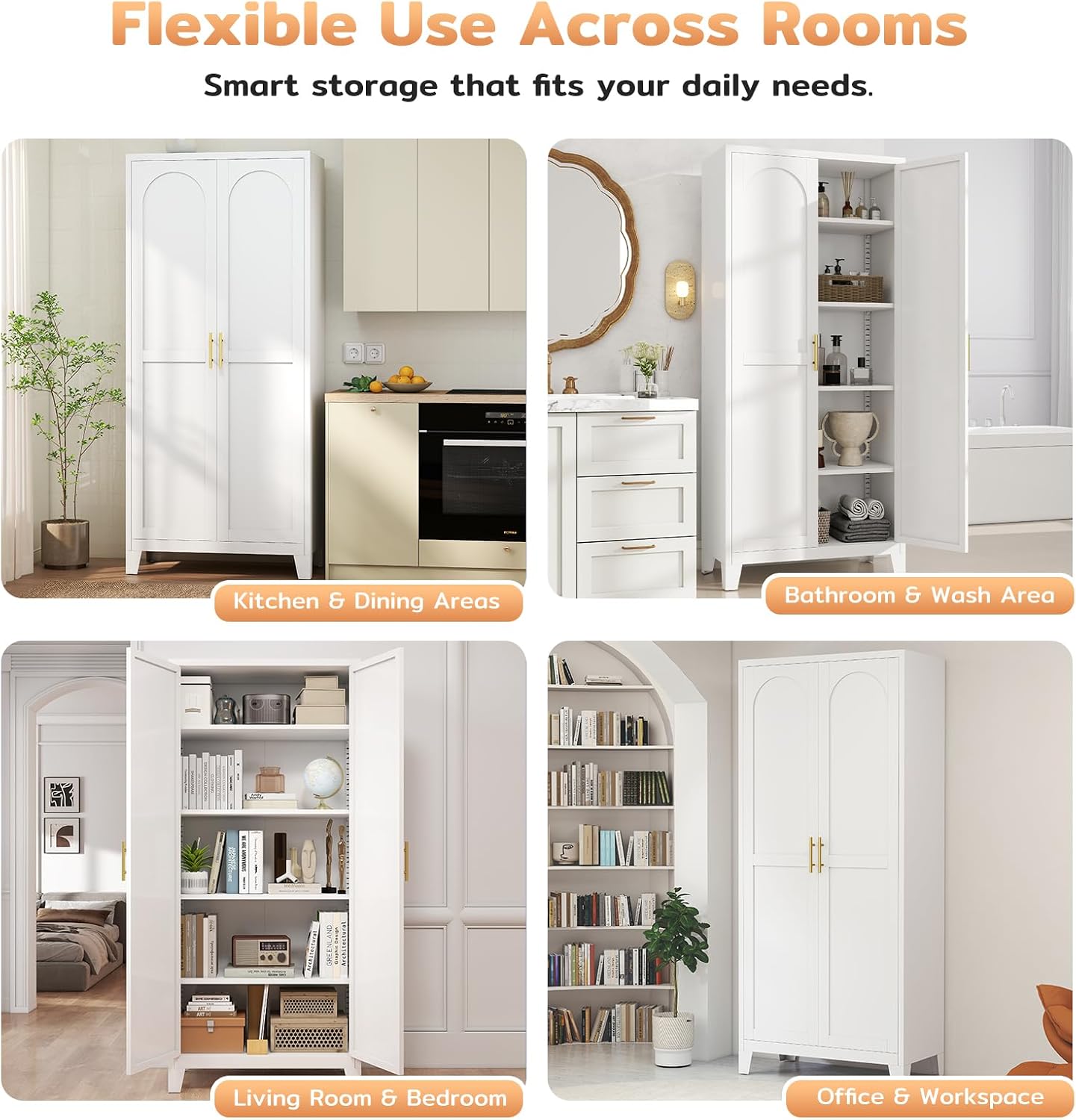 Zevemomo 71' Metal Pantry Cabinet with 4 Adjustable Shelves and 2 Doors, Freestanding Kitchen Storage Cabinet, Tall Steel Cupboard for Kitchen, Pantry, Dining Room, Living Room, Office, White