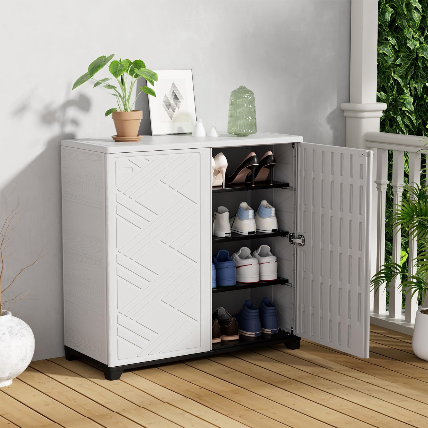 KINYING Outdoor Storage Cabinet Waterproof, 60 Gallon Resin Outdoor Storage Shed for Patio/Garden/Backyard, Outdoor Storage Box for Cushions,Garden Tools and Pool Supplies(White W/O Shelving)