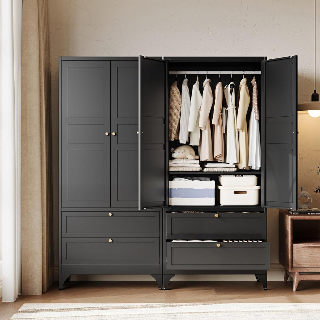 Letaya 71' Metal Wardrobe Cabinets with 2 Drawers,Steel Armoire Wardrobe Closet with Doors and Shelves,Clothing Storage Cabinets with Hanging Rod for Bedroom, Gym, Cloak Room,Black