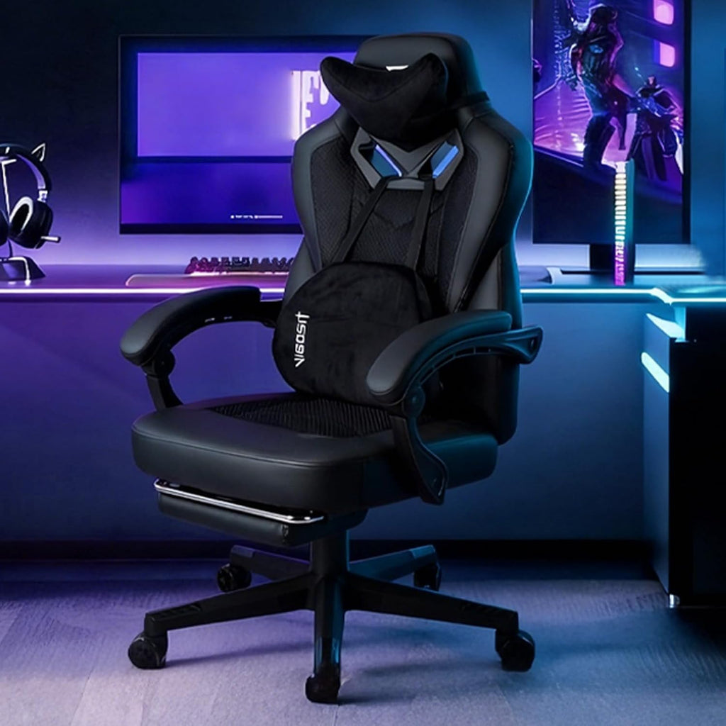 Vigosit Gaming Chair PRO, Ergonomic Gaming Chairs for Adults Heavy People, Massage Reclining Office Desk Computer Chair with Footrest and Lumbar Support, Big Tall Mesh Gamer Chair with Cushion (Black)
