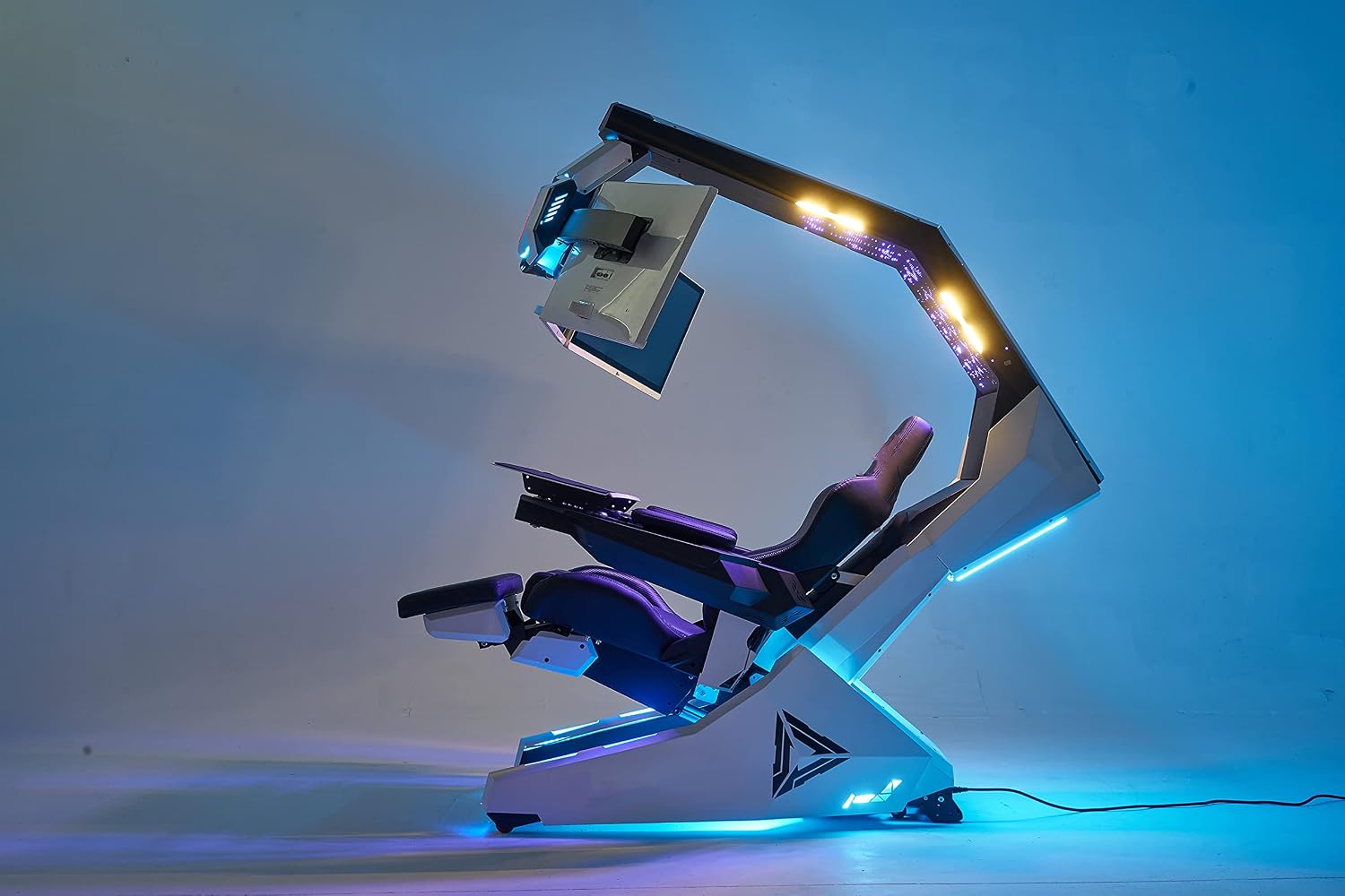 Imperatorworks R1 Pro White Executive Boss Massage Genuine Leather Chair Cockpit with Speakers Starlight RGB Support 3 Monitors Motorized Distance Adjustable
