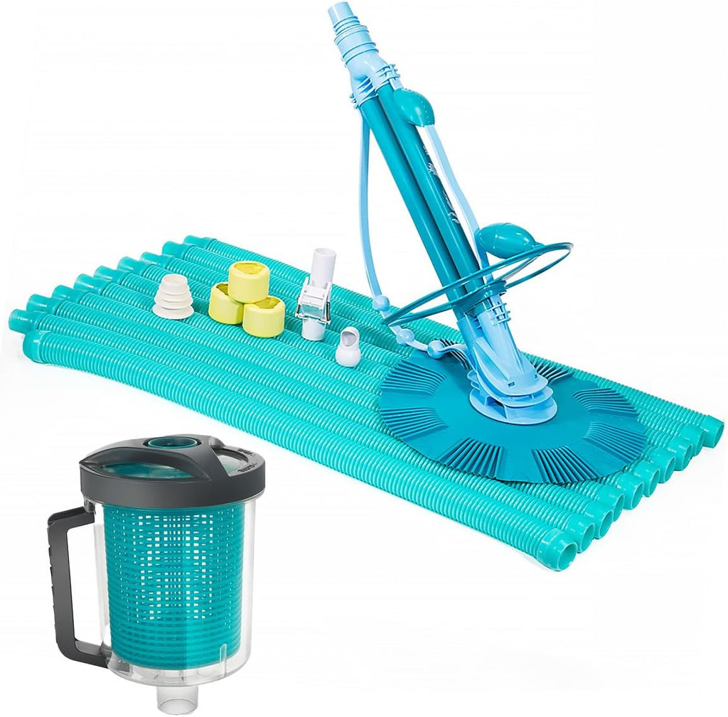 XtremepowerUS 30ft InGround Suction Vacuum Pool Cleaner Set – Climb Wall Automatic Pool Cleaner with Hose, Medium Leaf Canister, Basket & Skimmer Sock (6 Pack)