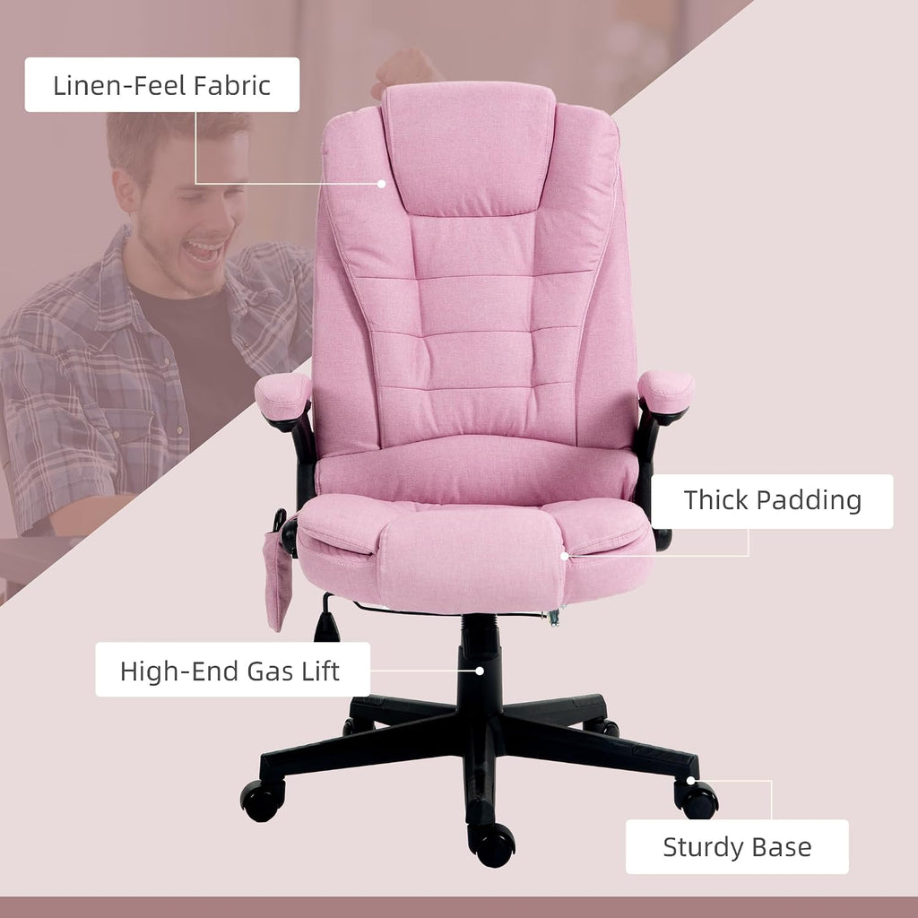 Vinsetto 6 Point Vibrating Massage Office Chair with Heat, Linen High Back Executive Office Chair with Reclining Backrest, Padded Armrests and Remote, Pink