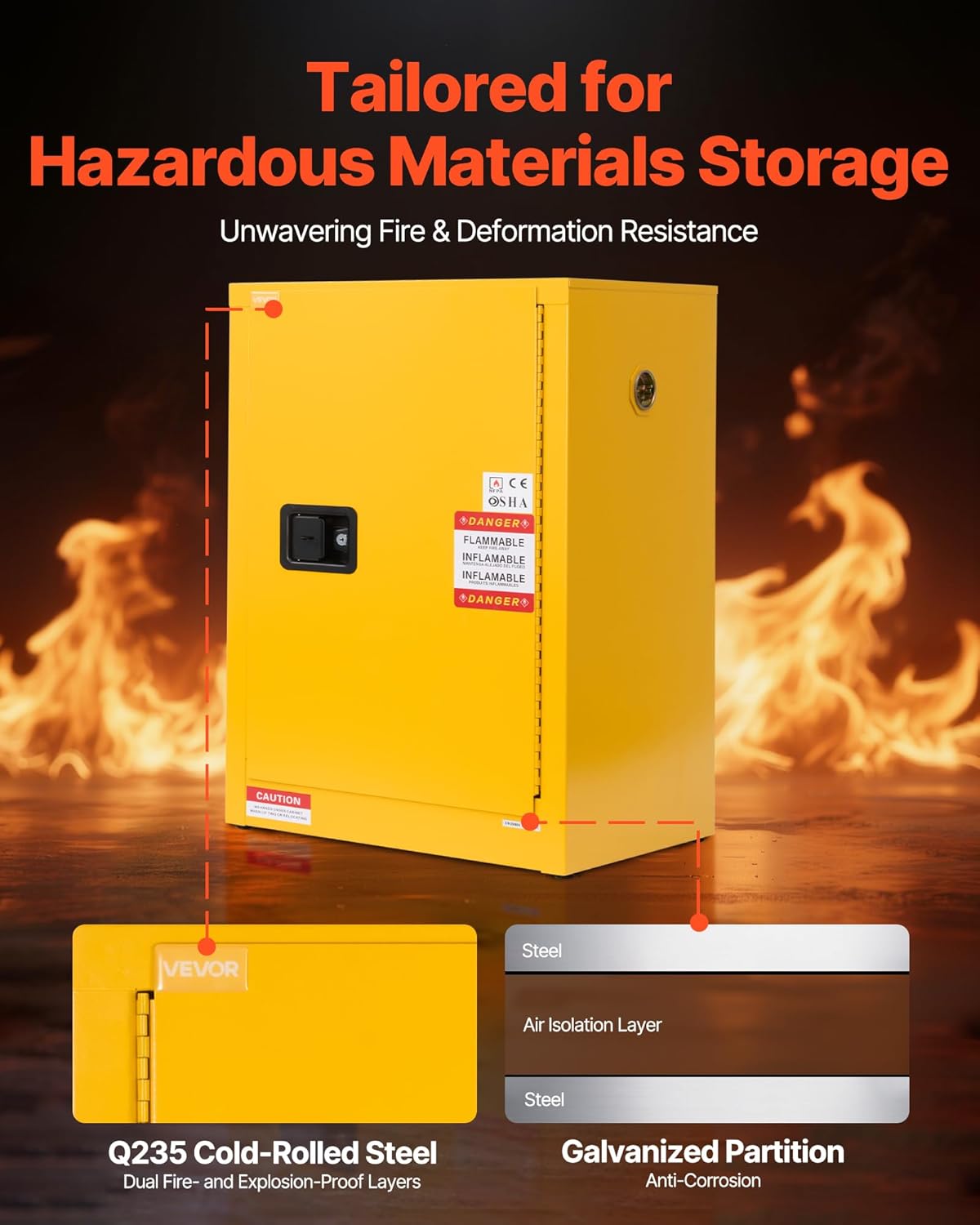 VEVOR Flammable Cabinet 18' x 24' x 65', 13 Gallon Flammable Storage Cabinet with Adjustable Shelf, Cold-Rolled and Galvanized Steel Fire Cabinets, for Commercial Industrial Home Use, Yellow