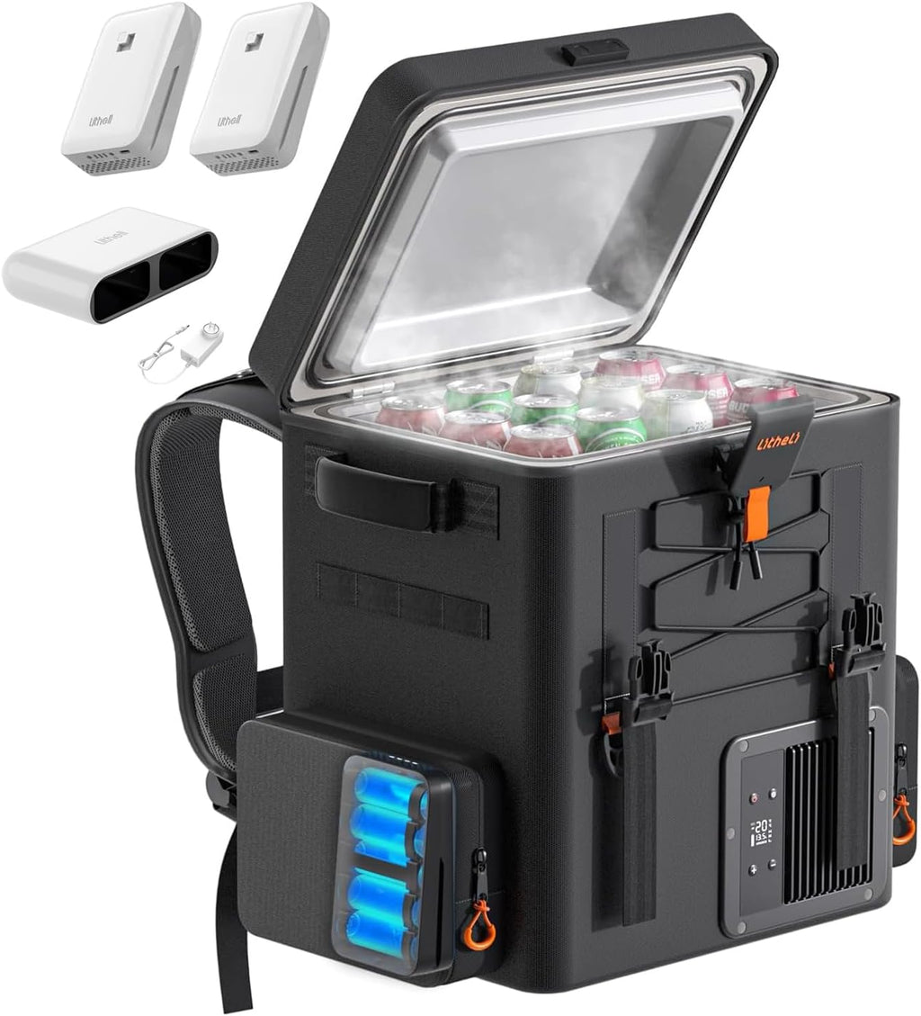 LiTHELi FrozenPack 12V Car Refrigerator, 20L/21QT Portable Electric Cooler, -4~68℉ Travel Fridge Freezer for Camping, Road Trips, RV, Boat & Beach, 2 Batteries, Fast Charger