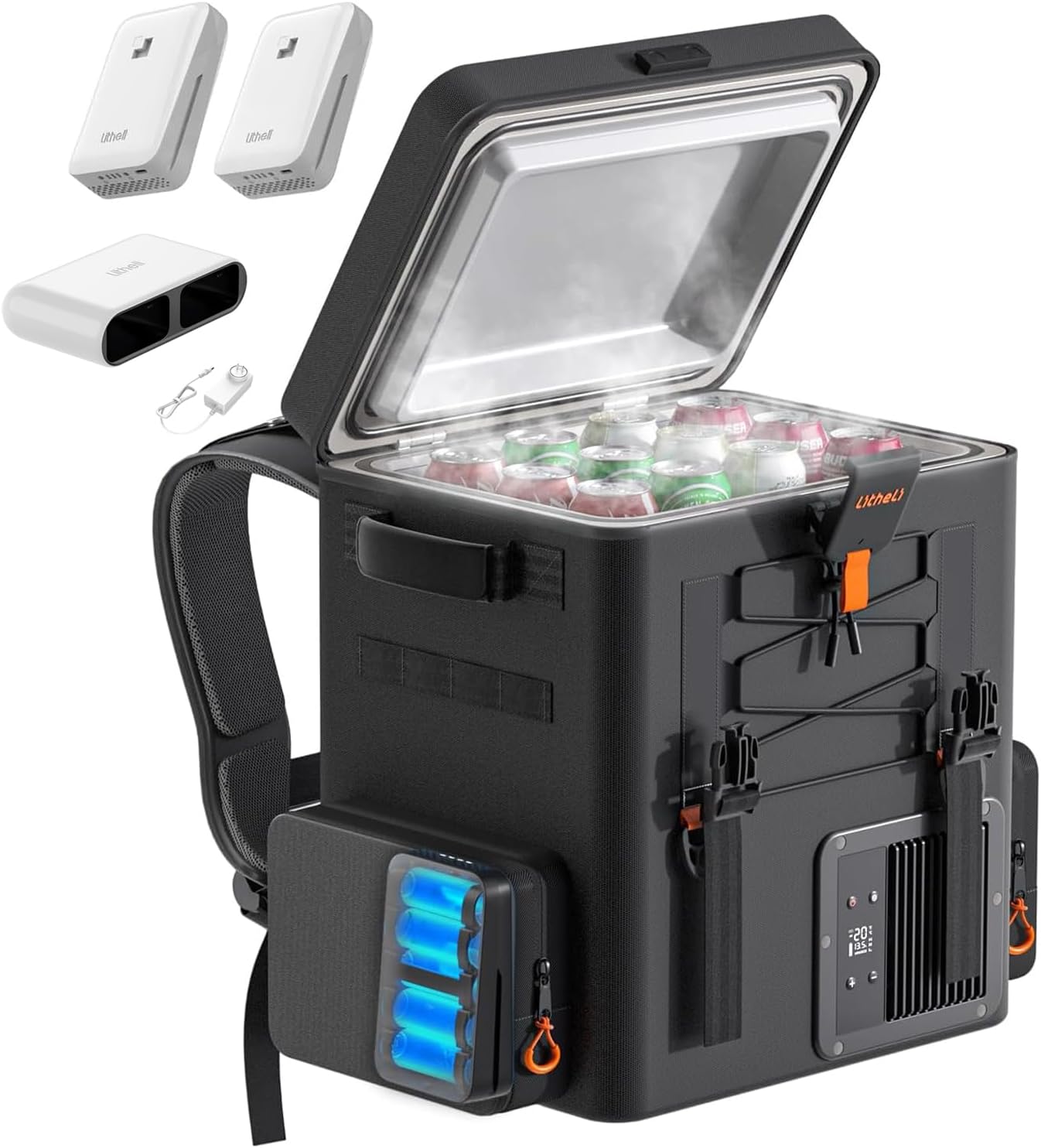 LiTHELi FrozenPack 12V Car Refrigerator, 20L/21QT Portable Electric Cooler, -4~68℉ Travel Fridge Freezer for Camping, Road Trips, RV, Boat & Beach, 2 Batteries, Fast Charger