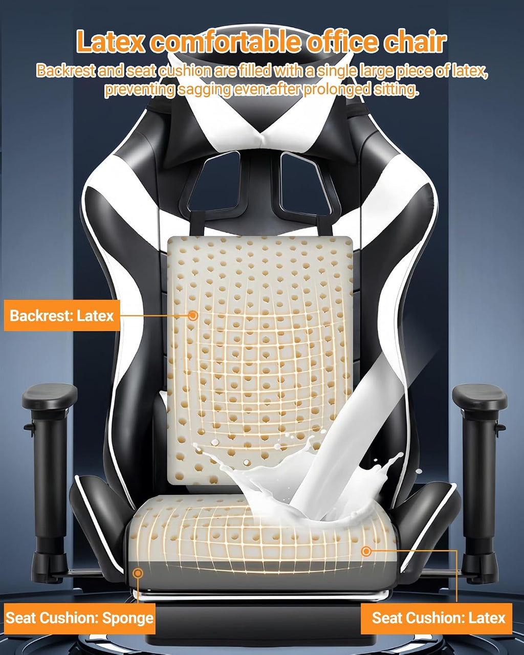 Video Gaming Chair with Speakers, PU Leather Office Chair with Massage Lumbar Pillow & Footrest, Latex Reclining Desk Chair with Adjustable Rotating Armrests for Adults(Black+Blue)