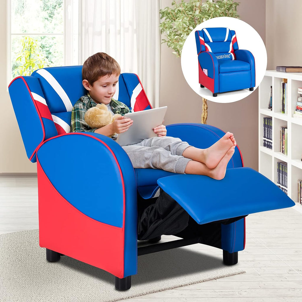 Moccha Kids Recliner Chair with Side Pockets for Boys and Girls Room, Adjustable Kids Couch Chair w/Footrest, Ergonomic Toddler Furniture Sofa (Blue)
