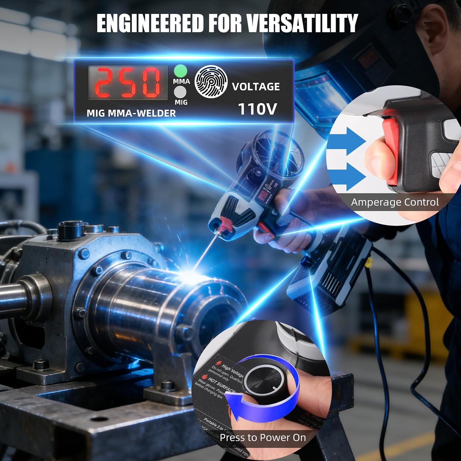 2 in 1 MIG and Stick Welder：250A MIG & MMA Welder 110V Flux Core IGBT Inverter Handheld Gasless Wire Feed Welder for Flux .032'/.040',Inverter ARC Welder Gun for 3/32'-1/8' Rod