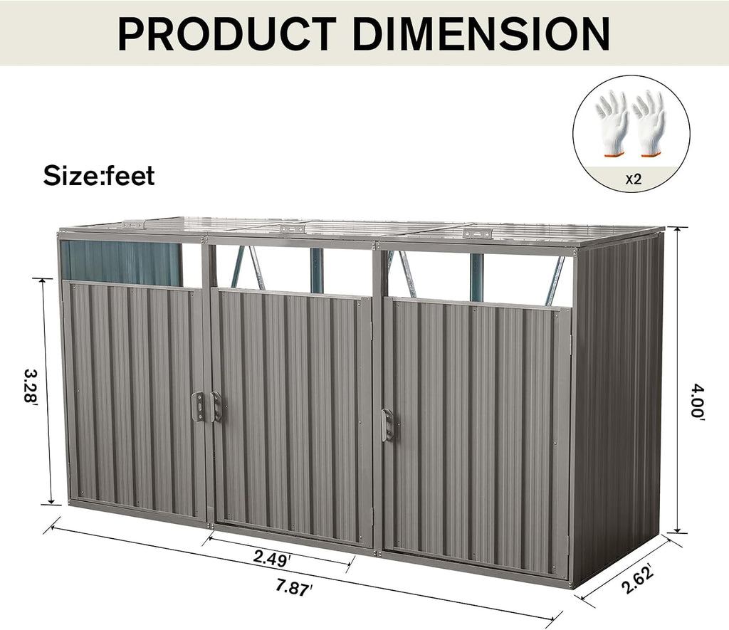 Outdoor Trash Can Storage, Storage Shed for 3 Trash cans and Tools,Waterproof Garbage Bin shed,Metal Trash Can Storage Shed Outdoor for Garden Yard(Light Grey-3 Doors)