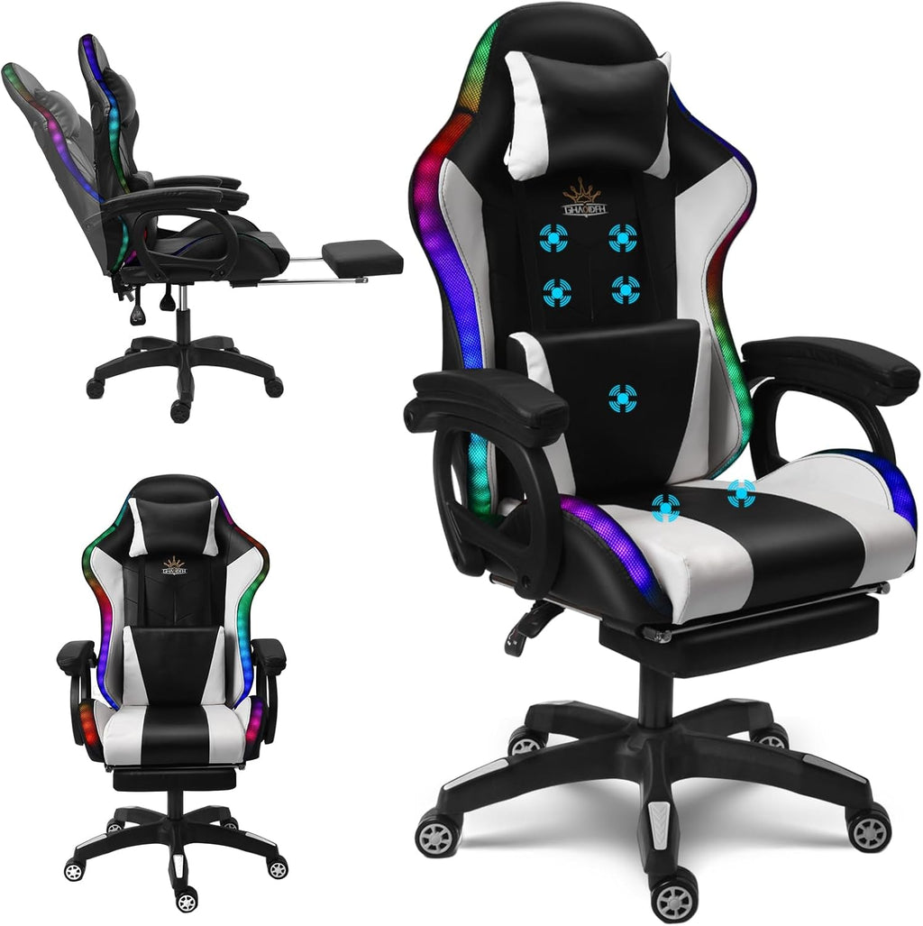 RGB Gaming Chair with Massage and Footrest Large Ergonomic Computer Desk Chair Video Gaming Chair with Speakers and Lumbar Support Height & Angles Adjustable Reclining Gamer Chair,White