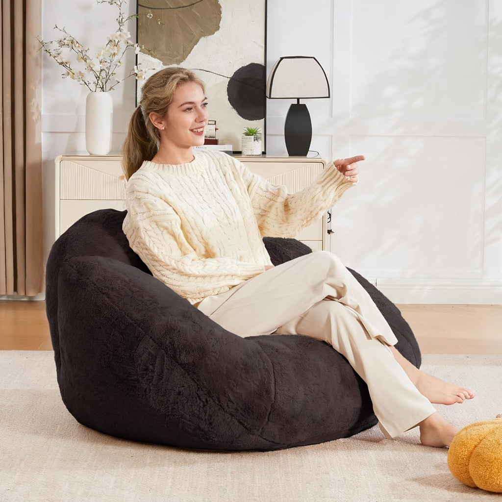 3.28 Feet Bean Bag Chair for Adults, Shell-Shaped Bean Bag Lazy Couch, Faux Fur Cloud Sofa Chair, Lounge Floor Sofa with Filler for Reading, Gaming & Watching, No Assembly Required (Black)