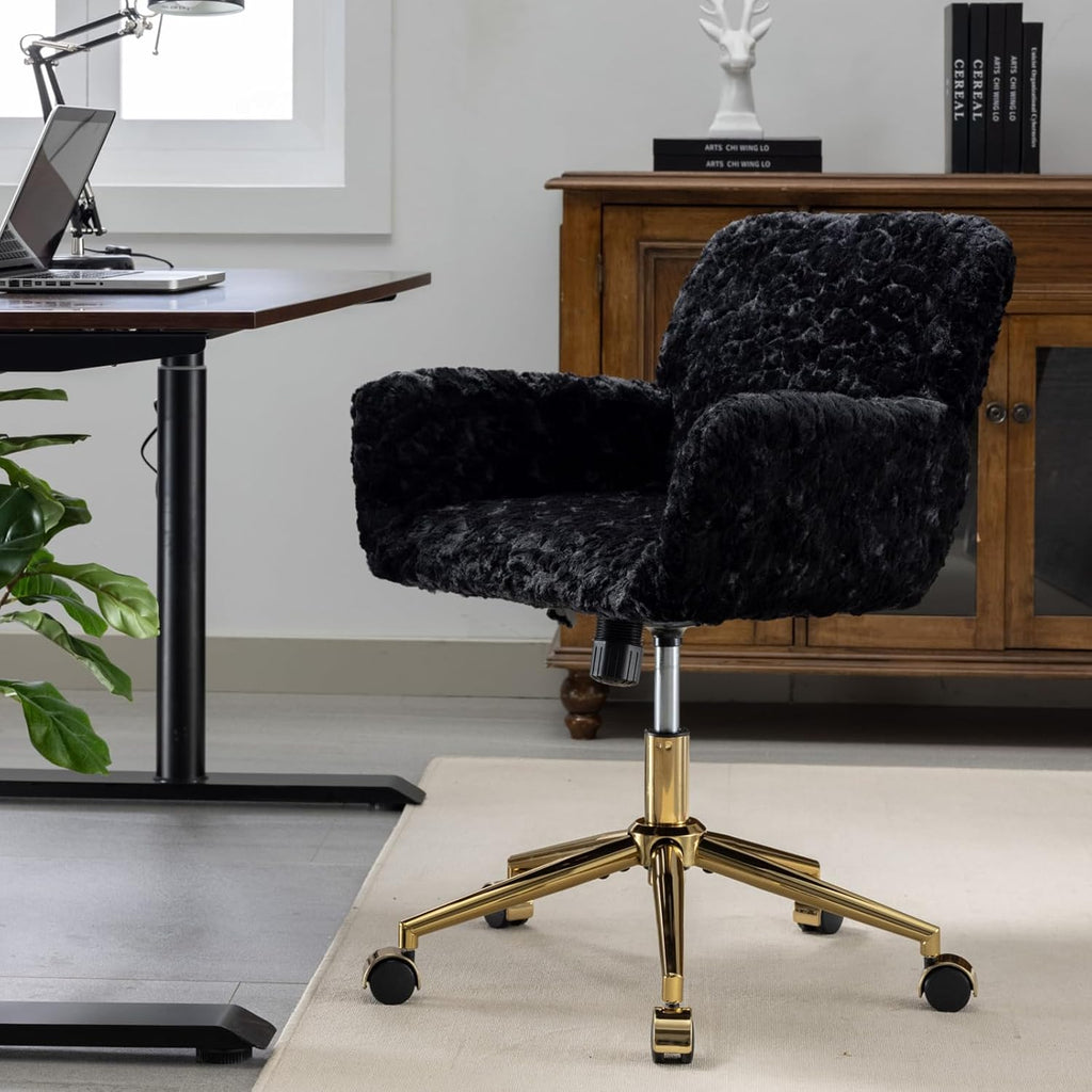 Shenyon Black Office Chair Faux Fur Vanity Chair, Comfortable Home Office Desk Chairs with Wheels and Arms, Swivel Wide Office Chair Makeup Chair Height Adjustable for Office, Study, Bedroom, Black