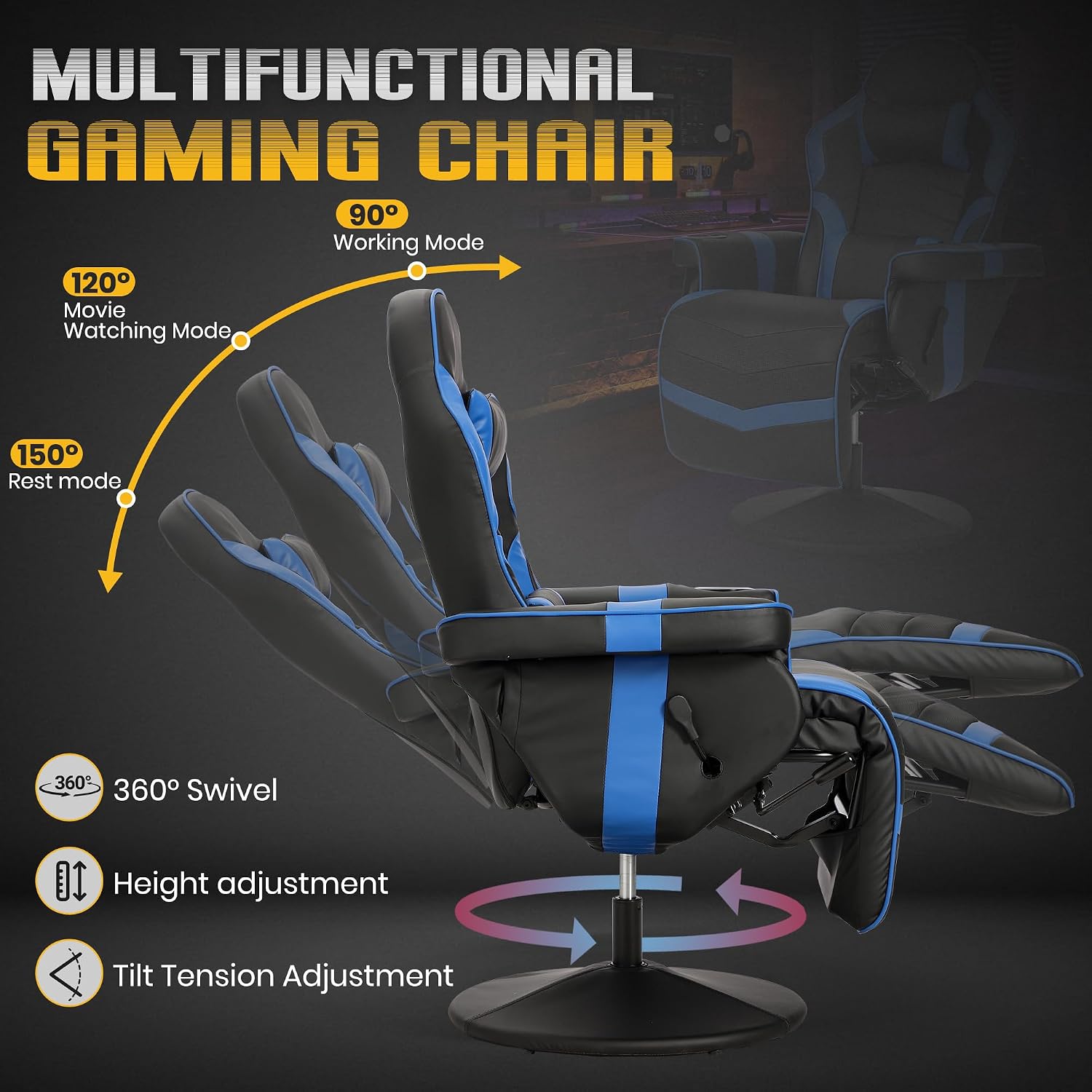 Massage Gaming Recliner Chair with Cup Holder & Side Pockets – Ergonomic PU Leather Video Gaming Chair with Footrest, Manual Recline, Headrest & Lumbar Support for Office or Game Room (Blue)